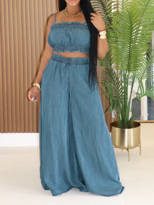 Cowboy set with camisole, strapless, wide leg pants, denim two-piece set