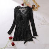 Perspective lace hollowed out low cut, hip hugging, long sleeved dress set