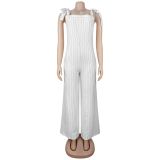 Striped shoulder strap wide leg jumpsuit