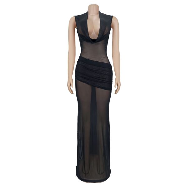 Sleeveless pleated V-neck low cut dress