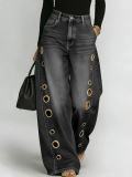 Metal eyelets solid color horsehide loose jeans