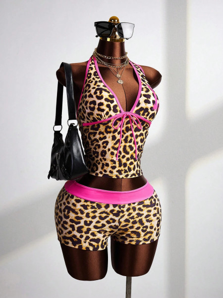 Color blocking print V-neck backless hanging neck strap vest top shorts set