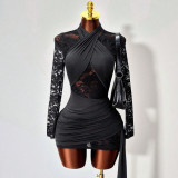 Hanging neck strap lace see through long sleeved dress with wrapped buttocks