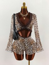 Lace lace patchwork leopard print mesh hollow jumpsuit jumpsuit