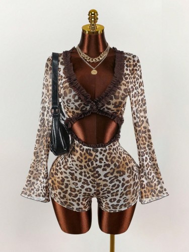 Lace lace patchwork leopard print mesh hollow jumpsuit jumpsuit