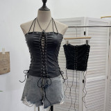 Hollow out strap strapless PU leather top, neck hanging vest