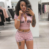 Polka dot print half zip top sports low waist shorts set