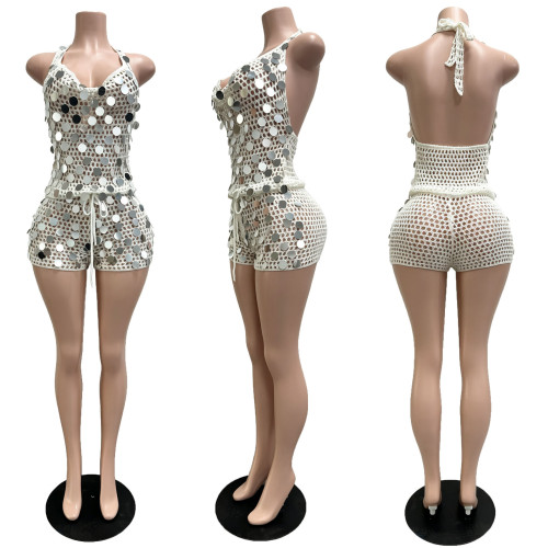 Mesh see through sequin neck strap knit set