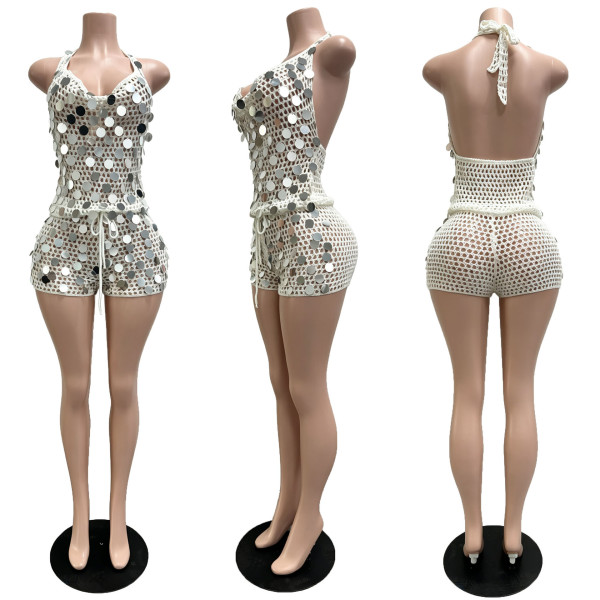 Mesh see through sequin neck strap knit set
