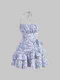 Floral ruffle hem neck tie waist cinching dress