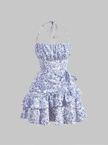 Floral ruffle hem neck tie waist cinching dress