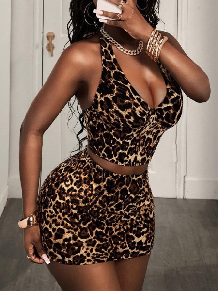Backless sleeveless hanging neck leopard print women's suit
