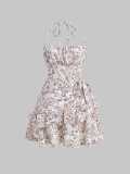 Floral ruffle hem neck tie waist cinching dress