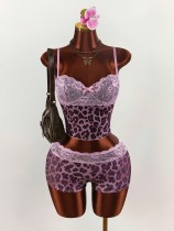 Leopard print lace patchwork camisole top and shorts set