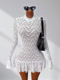Lace see through long sleeved ruffle mini dress