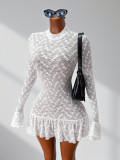 Lace see through long sleeved ruffle mini dress