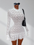 Lace see through long sleeved ruffle mini dress