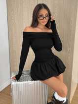 Single shoulder long sleeved pleated mini dress Single shoulder long sleeved pleated mini dress