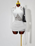 Hanging neck strap lace see through long sleeved dress with wrapped buttocks