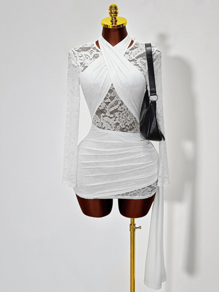 Hanging neck strap lace see through long sleeved dress with wrapped buttocks