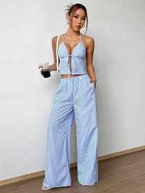 Two piece set of striped vest and elastic straight leg pants