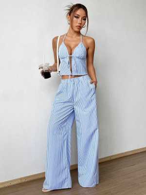 Two piece set of striped vest and elastic straight leg pants