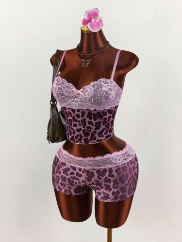 Leopard print lace patchwork camisole top and shorts set