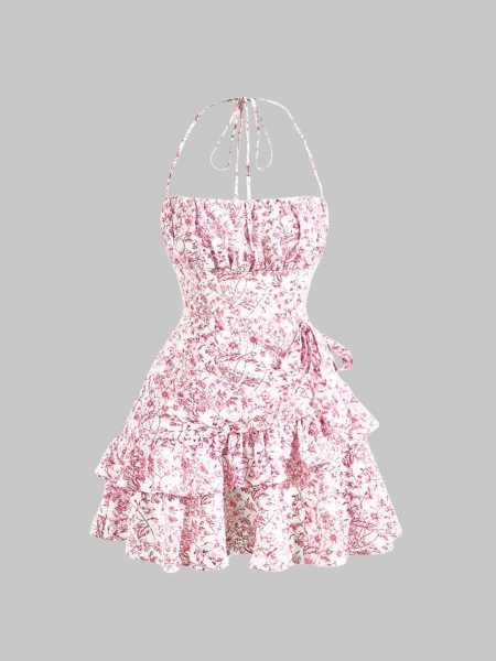 Floral ruffle hem neck tie waist cinching dress