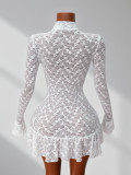 Lace see through long sleeved ruffle mini dress