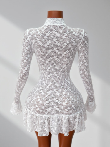 Lace see through long sleeved ruffle mini dress