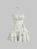 Floral ruffle hem neck tie waist cinching dress