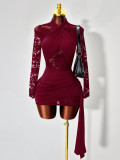 Hanging neck strap lace see through long sleeved dress with wrapped buttocks