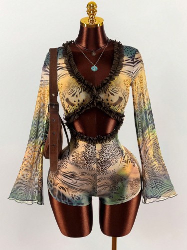 Lace lace patchwork leopard print mesh hollow jumpsuit jumpsuit