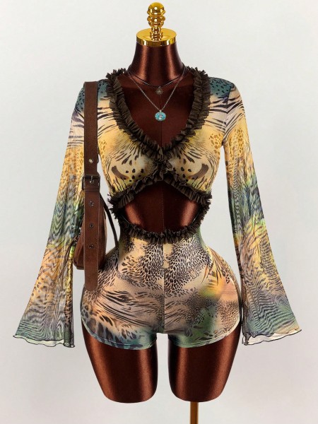 Lace lace patchwork leopard print mesh hollow jumpsuit jumpsuit
