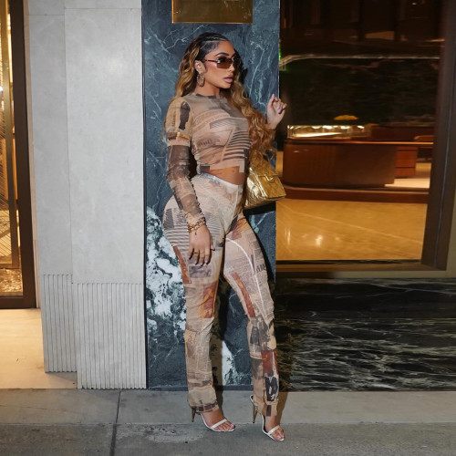 Mesh long sleeved top, retro printed tight pants set