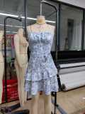 Floral ruffle hem neck tie waist cinching dress