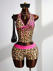 Color blocking print V-neck backless hanging neck strap vest top shorts set