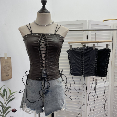Hollow out strap strapless PU leather top, neck hanging vest