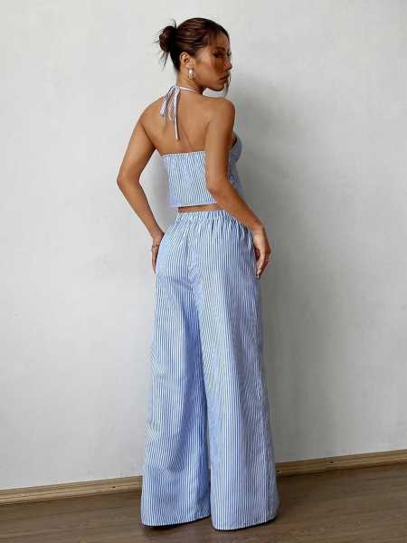 Two piece set of striped vest and elastic straight leg pants