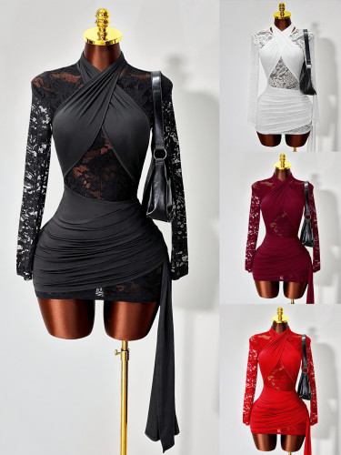 Hanging neck strap lace see through long sleeved dress with wrapped buttocks