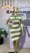 Polo collar short sleeved contrasting striped knitted dress