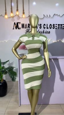 Polo collar short sleeved contrasting striped knitted dress