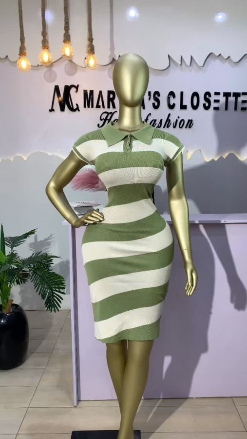 Polo collar short sleeved contrasting striped knitted dress