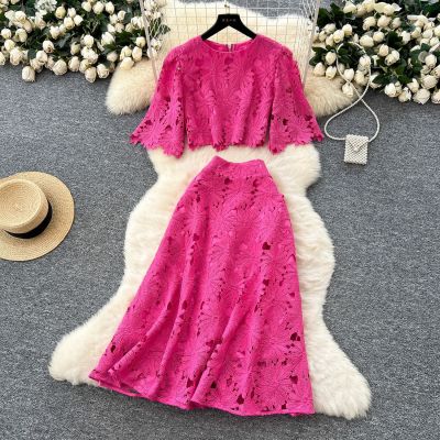 Short flared sleeve shirt, high waisted skirt, hollowed out crochet lace set