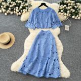Short flared sleeve shirt, high waisted skirt, hollowed out crochet lace set