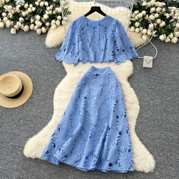Short flared sleeve shirt, high waisted skirt, hollowed out crochet lace set