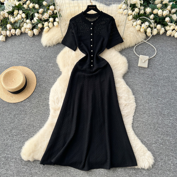 Nail bead round neck waist cinching knitted long skirt