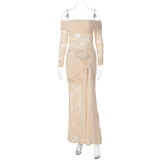 Lace patchwork long skirt with one shoulder and long sleeves tied with straps
