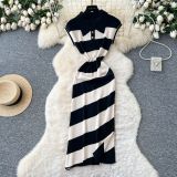 Polo collar short sleeved contrasting striped knitted dress
