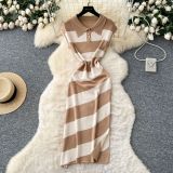 Polo collar short sleeved contrasting striped knitted dress